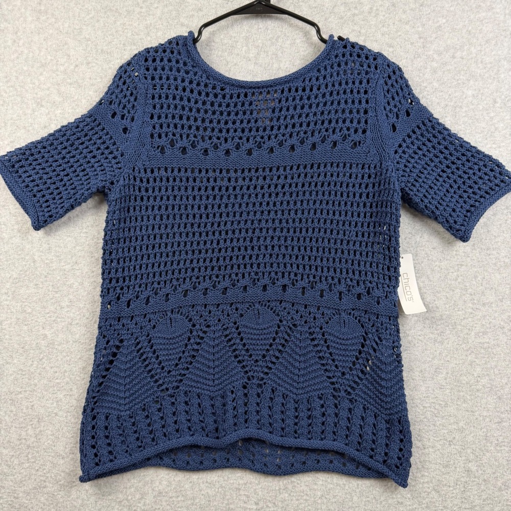 NWT Chico's Open Stitch Sweater Women S Evening Blue Boat Neck Drop Shoulder Top